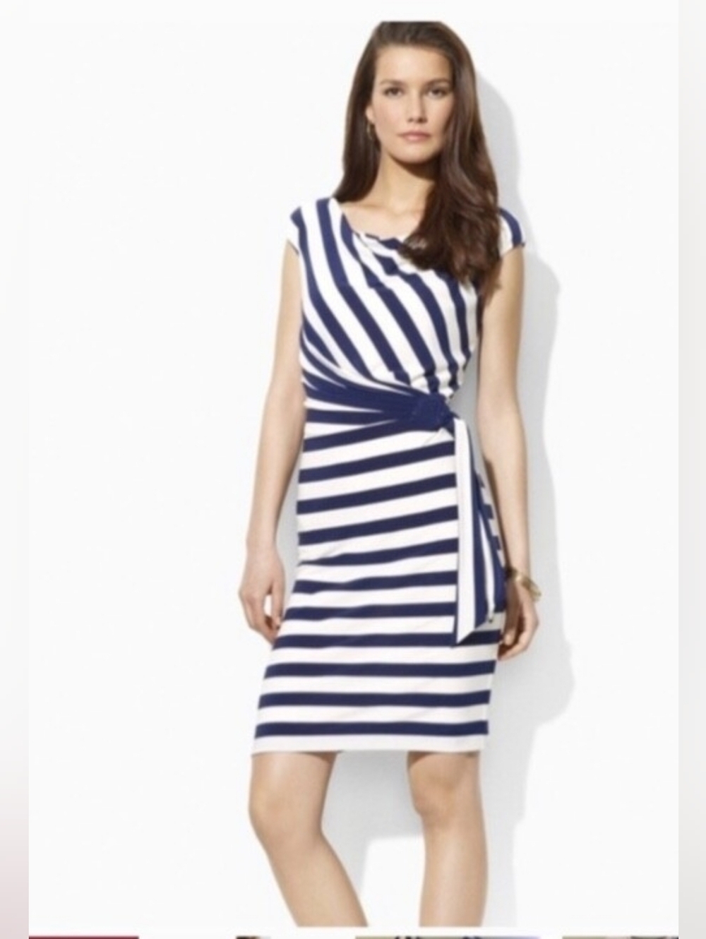 Lauren Ralph Lauren Navy White Striped Nautical Midi Faux Wrap Dress 6